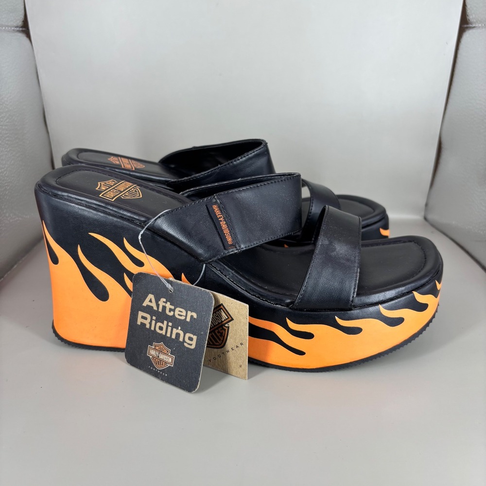 Harley Davidson After Riding Flame Wedge Platform Sandals Black Orange  7.5M